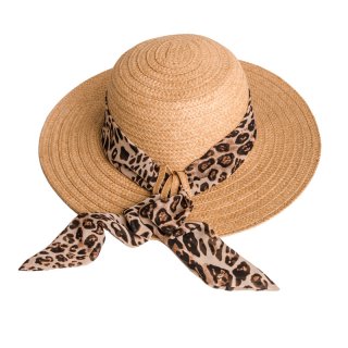 S362-Ladies straw hat with print scarf Bulk ladies straw hat with animal print scarf