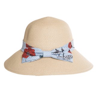 S368-Ladies straw hat with floral/stripe band Bulk ladies straw hat with light blue floral and striped band