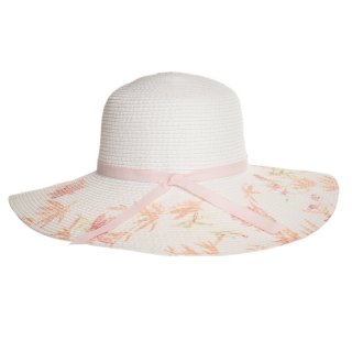 S370-Ladies wide brim straw hat with floral print brim Ladies wide brim straw hat with floral print brim available for wholesale purchase