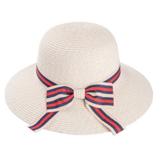 S379-Ladies short brim straw with ribbon band/bow Wholesale ladies short brim straw hat with red and white ribbon band/bow