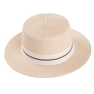 S383-Ladies straw boater style hat with ribbon band Wholesale ladies straw boater style hat with light natural colour scheme and ribbon band