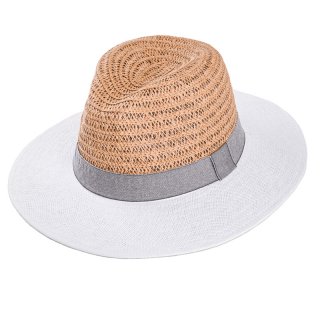 S389-Ladies straw fedora hat with ribbon band Wholesale ladies straw fedora hat with grey ribbon band and rim