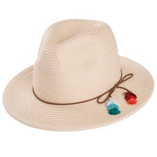 S392-Ladies straw fedora hat with tassel band Wholesale ladies straw fedora hat with tassel band in natural colours