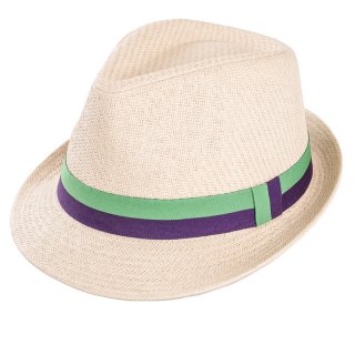 S397-Mens straw trilby hat with ribbon band Wholesale mens straw trilby hat with green and purple ribbon band