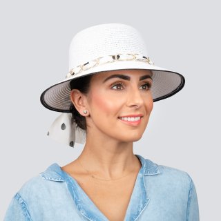 S413- LADIES WIDE BRIM STRAW WITH SPOT SCARF BAND