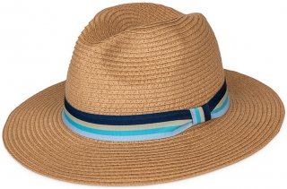 S439- MENS STRAW FEDORA WITH BLUE STRIPE BAND