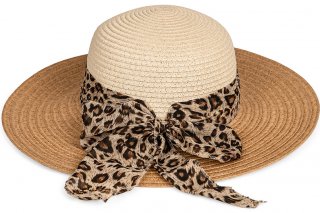 S457- LADIES WIDE BRIM STRAW HAT WITH LEOPARD PRINT SCARF