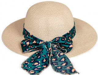 S468- LADIES WIDE BRIM HAT WITH LEOPARD PRINT SCARF BAND