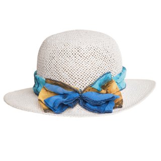SC56-Girls straw hat with floral print scarf band Wholesale girls straw hat with blue floral print scarf band