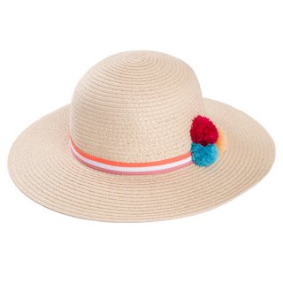 Wholesale girls wide brim straw hat with pom pom in beige