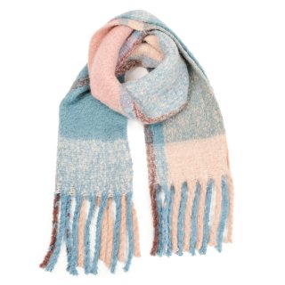 SCARF100-Ladies oversized scarf with large check Wholesale ladies oversized scarf with large blue and pink checks