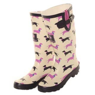 WF110-Ladies cream sausage dog printed matt rubber wellington