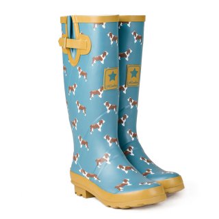 WF147-Womens blue dog printed matt rubber wellington Wholesale womens blue dog printed matt rubber wellington
