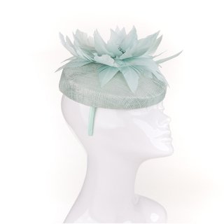 Wholesale green sinamay pillbox with large feather flower