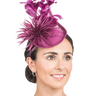 Wholesale sinamay teardrop fascinator with flower & feather trim in violet