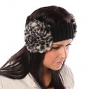 Wholesale womens knitted faux fur earmuff headband in grey animal print on model