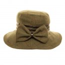 Wholesale wide brim hat with bow in green tweed