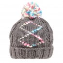 Wholesale girls grey chunky diamond print knitted bobble hat