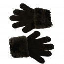 Black wholesale girls stretchy gloves with faux fur cuff