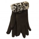 Wholesale womens black gloves with grey animal print faux fur cuff