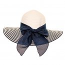 Wholesale womens straw wide brim hat with stripe brim and bow in blue