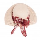 Bulk ladies straw wide brim hat with red floral scarf band