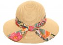 S527- LADIES WIDE BRIM STRAW HAT WITH SCARF PRINT BAND