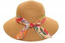S527- LADIES WIDE BRIM STRAW HAT WITH SCARF PRINT BAND