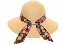 S529- LADIES WIDE BRIM STRAW HAT WITH SCARF PRINT BAND