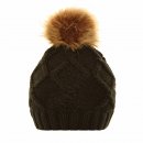 Bulk ladies cable navy knitted bobble hat with faux fur pom pom