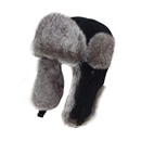 Wholesale black leather look trapper with grey fur trim