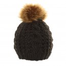 Bulk boys speckle chunky knit bobble hat with beige faux fur pom pom