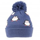 Wholesale kids unisex penguin designed knitted bobble hat in blue