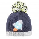 Wholesale boys rocket printed knitted acrylic bobble hat in blue