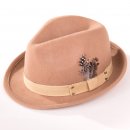 Wholesale brown ladies wool felt trilby with feather trim