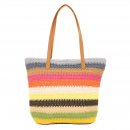 LB101- PK OF 6 MULTI STRIPE BEACH BAG WITH PU HANDLES