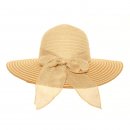 Wholesale womens straw wide brim hat with stripe brim and bow in beige