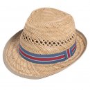Wholesale mens straw trilby hat with blue and red striped ribbon band