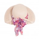 Bulk ladies straw wide brim hat with pink floral scarf band