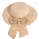 Bulk ladies beige straw wide brim hat with spot band and bow