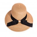 Bulk ladies wide brim beige straw hat with black band and bow