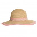 Bulk ladies pink straw wide brim hat with patterned band and brim