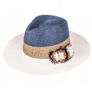 Wholesale ladies straw fedora hat with straw pom pom detail and white brim