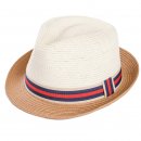 Wholesale adults unisex straw trilby hat with red striped ribbon band and brown band