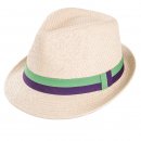 Wholesale mens straw trilby hat with green and purple ribbon band
