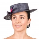 Wholesale wedding hat developed from sinamay and featuring contrast feather and short brim